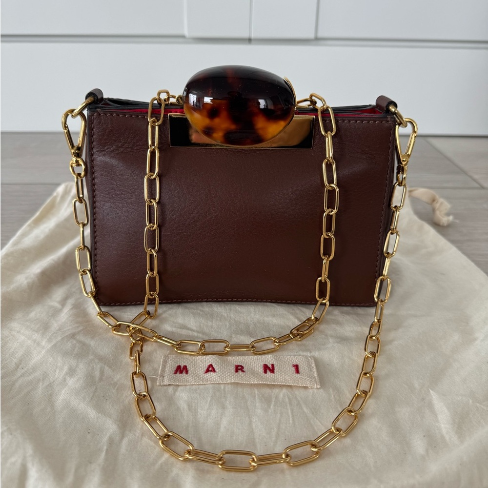 MARNI
Marni Brown Leather Mini Box Bag Tortoiseshell Accent Gold & Leather Strap